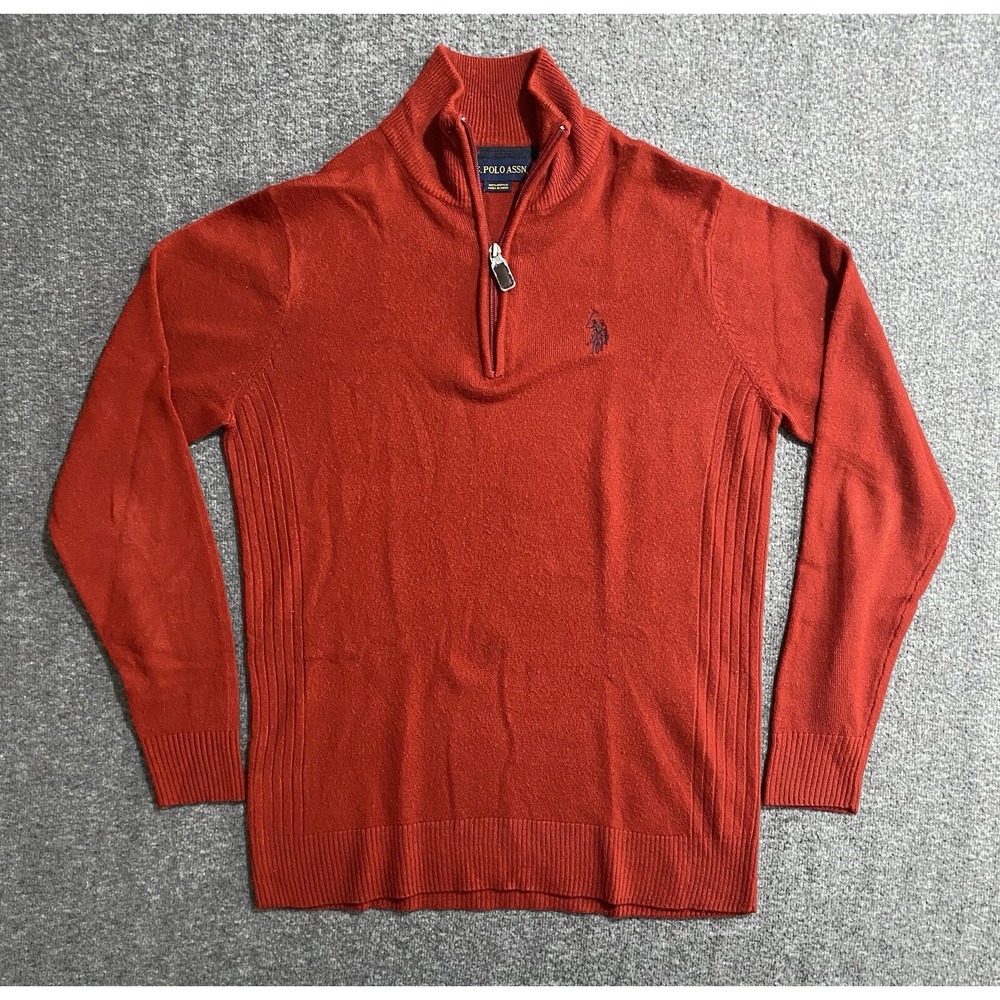 US Polo ASSN Sweater Men Red Pullover Quarter Zip Sweatshirt Mock Neck Size S